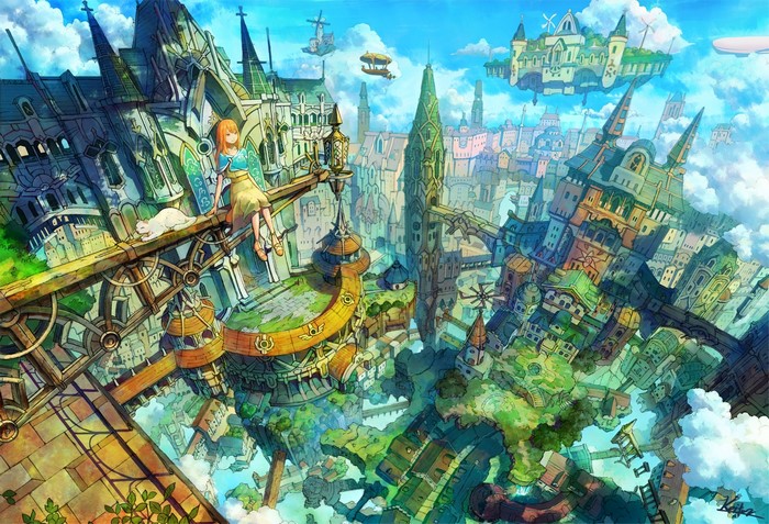 Fantasy city with floating islands and a girl