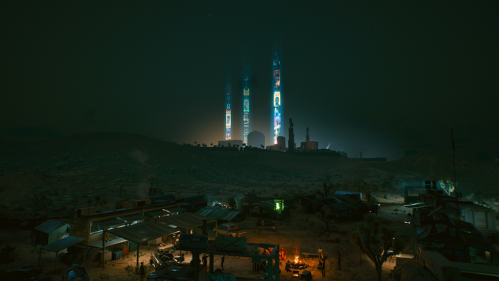 Aldecaldos camp with Night City towers in the background