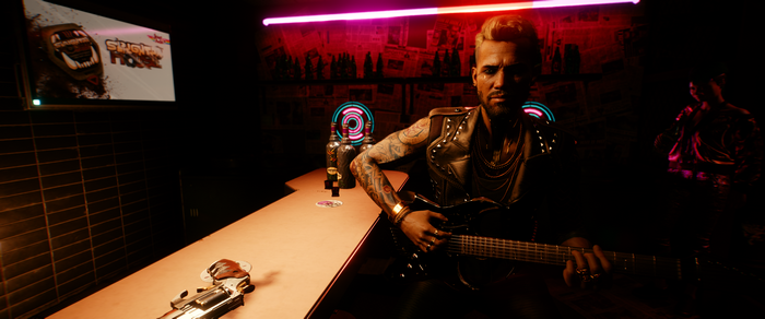 Man playing electric guitar in Cyberpunk 2077