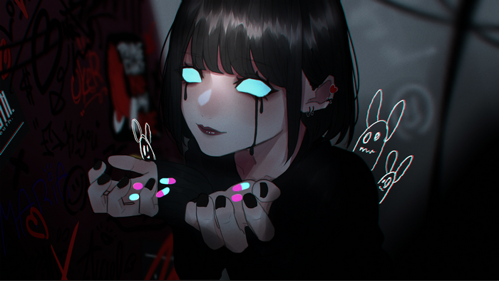 Woman with glowing eyes and pills