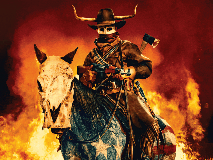The Forever Purge cowboy on horseback with axe and rifle
