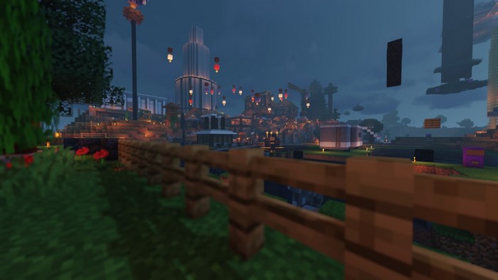 Minecraft village with lanterns at night