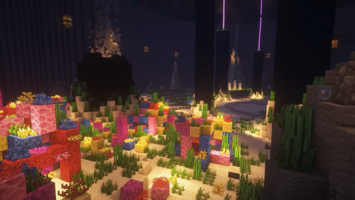 Minecraft underwater scene with coral and End structures