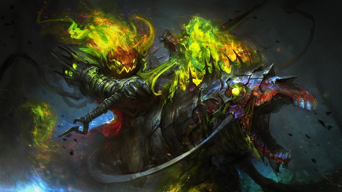 Fantasy art of a pumpkin-headed creature riding a monster