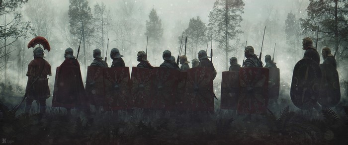 Roman soldiers marching through a misty forest
