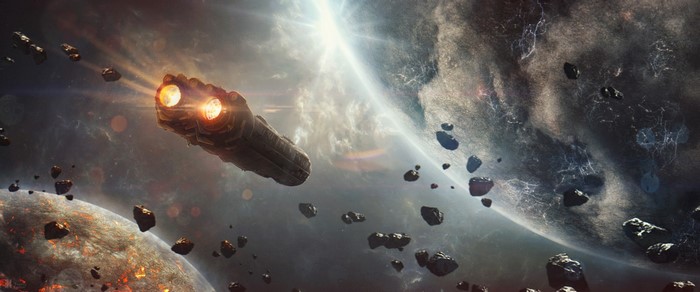 Spaceship in a debris field near planets