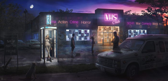 VHS Club store at night with people and a van