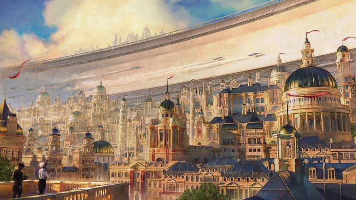 Futuristic cityscape with a massive elevated structure