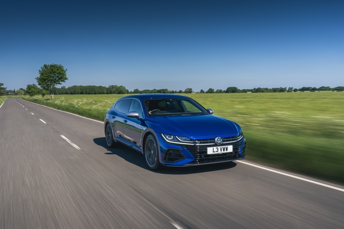 Blue 2021 Volkswagen Arteon Shooting Brake R driving on a road