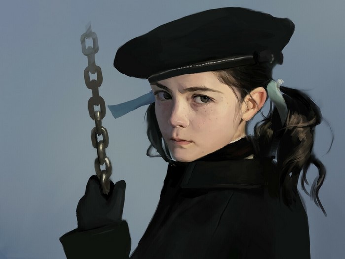 Girl in black beret holding a chain
