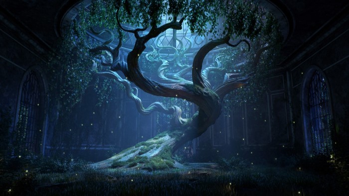 Magical ancient tree in a dark, ornate room with fireflies