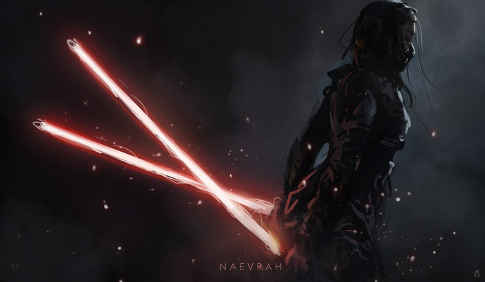 Sith with red lightsabers in mist