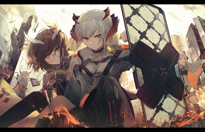 Arknights characters with a shield in a ruined city