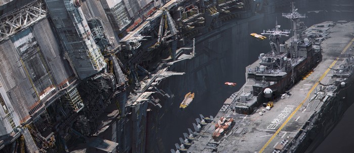 Futuristic aircraft carrier and industrial complex