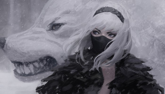 Girl with mask and white wolf in snow