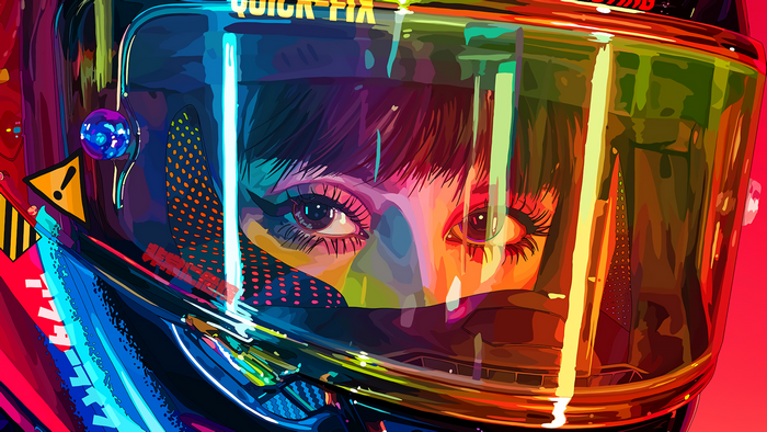 Woman in colorful helmet with visor