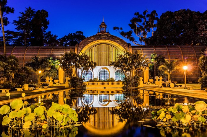 Botanical Building and Lily Pond at Night, San Diego