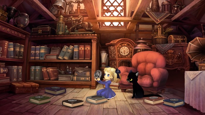 Girl and cat in a library with books
