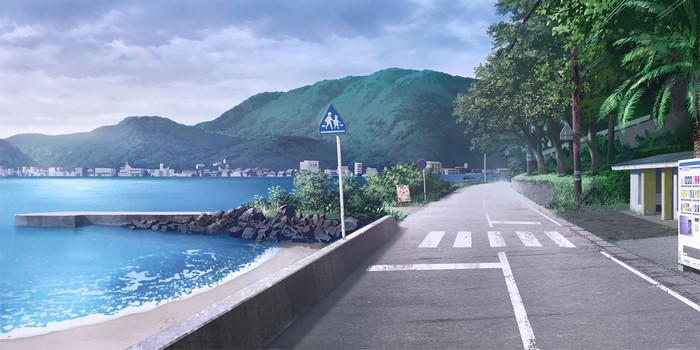 Anime coastal landscape with mountains and a town