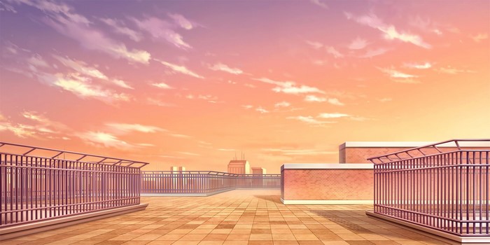 Anime rooftop at sunset with city skyline