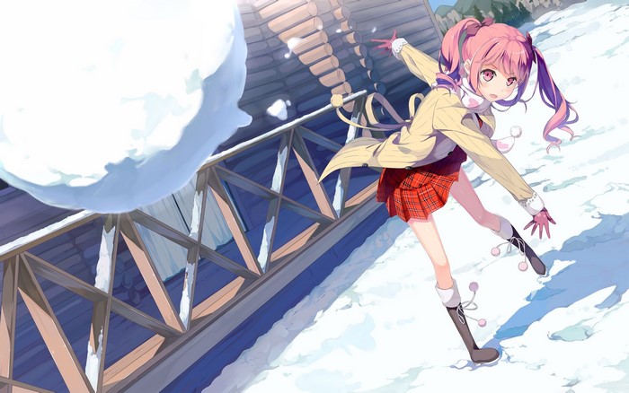 Anime girl with pink pigtails throwing snowball