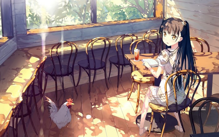 Anime girl reading at a cafe with a rooster