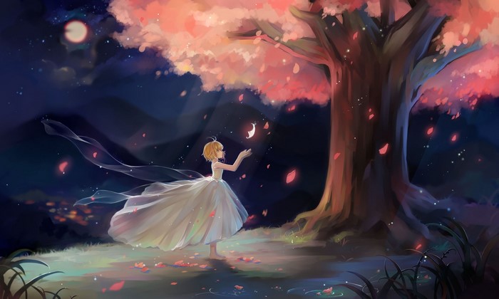 Sakura Kinomoto reaching for a moon fragment under a cherry blossom tree