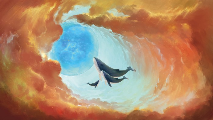 Whales swimming through a cosmic nebula