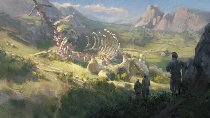 Village built on giant skeleton in mountains