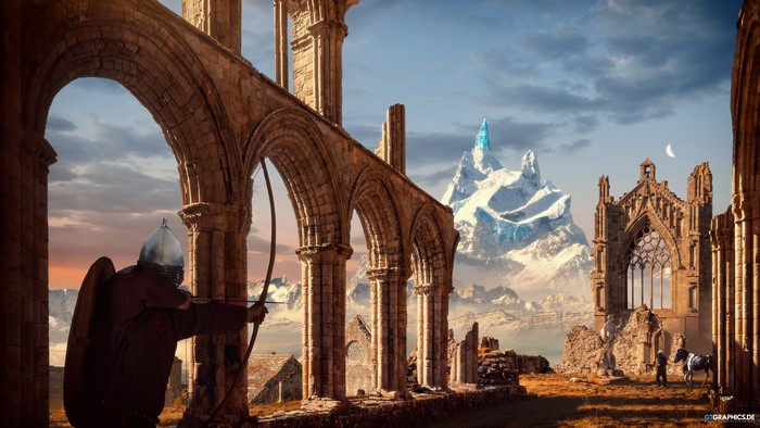 Fantasy ruins with archer and icy mountain