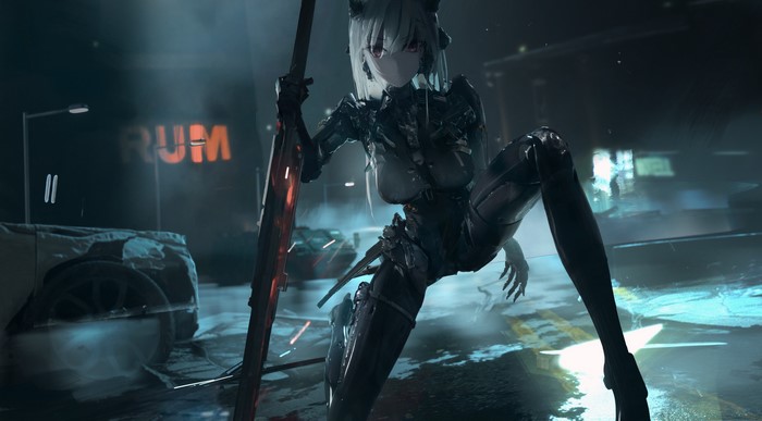 Anime girl with horns and sword in a dark city