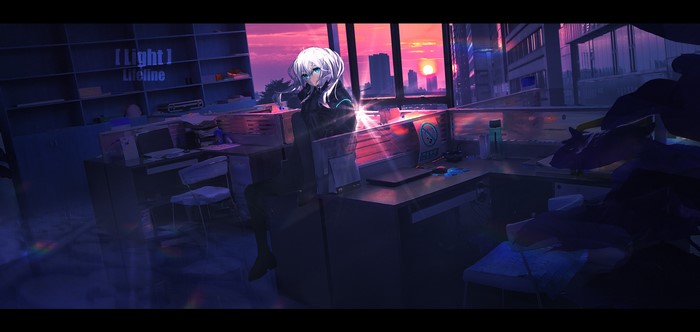 4K Lifeline anime girl in office at sunset