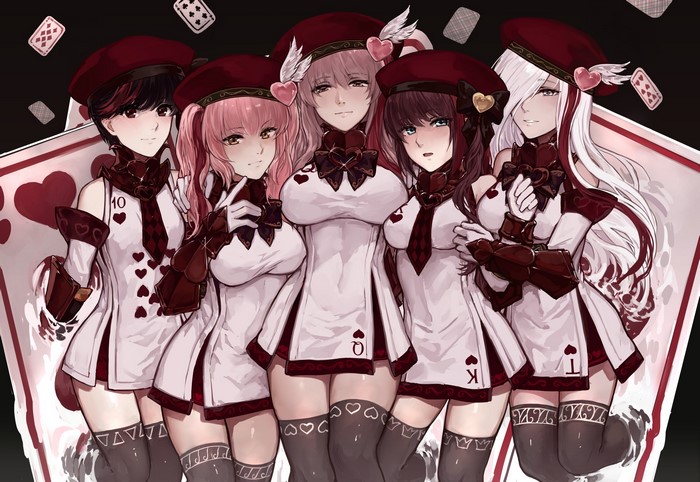 Five anime girls in card-themed outfits
