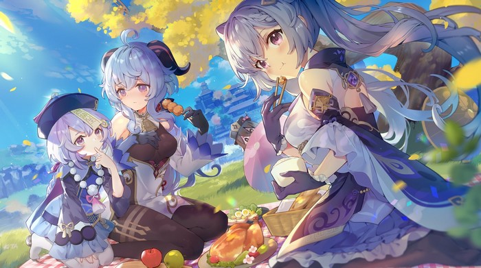 Ganyu, Keqing, and Qiqi from Genshin Impact having a picnic