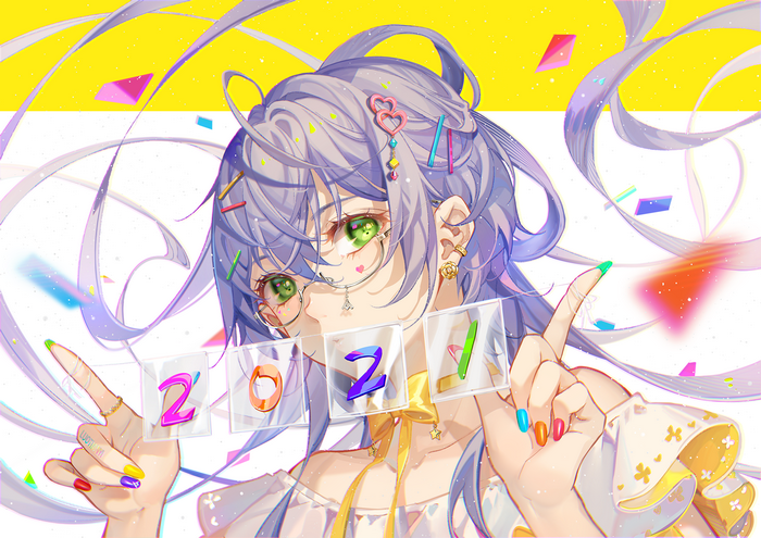 Anime girl with blue hair holding 2021