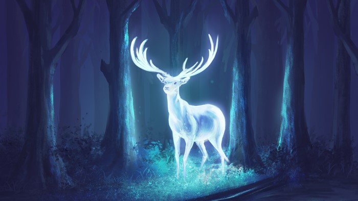 Glowing Patronus Deer in a Dark Forest