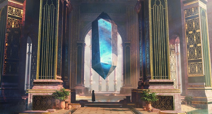 A person stands before a giant blue crystal in an ornate palace