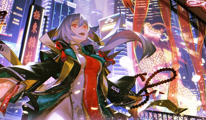 Anime girl with red eyes in a futuristic city