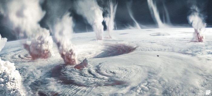 Planet with hurricanes and volcanic eruptions