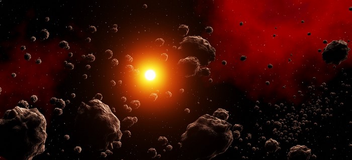 Asteroid field with sun and red space clouds