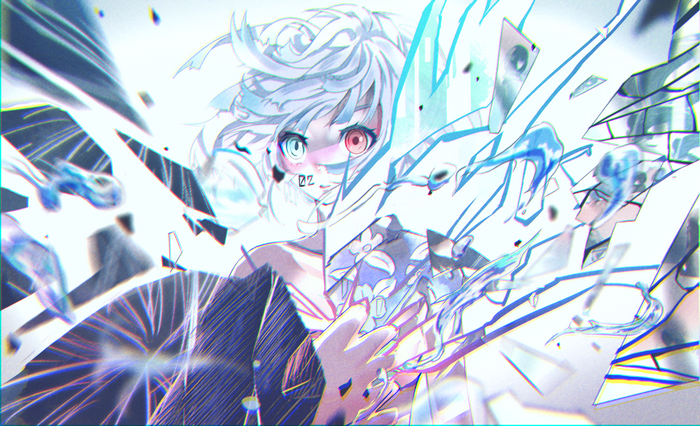 Anime girl with heterochromia behind broken glass