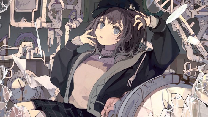 Anime girl with dark hair and blue eyes in steampunk setting