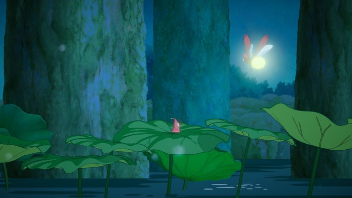 Firefly in a magical forest with lotus flowers