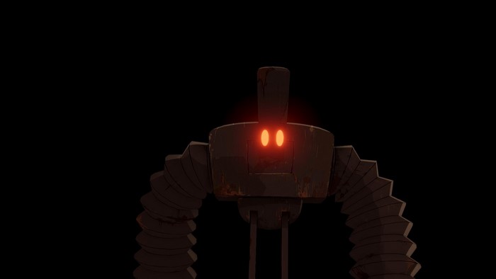 Robot with glowing eyes in dark background