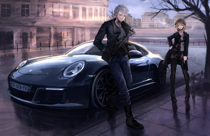 Anime boy and girl with Porsche