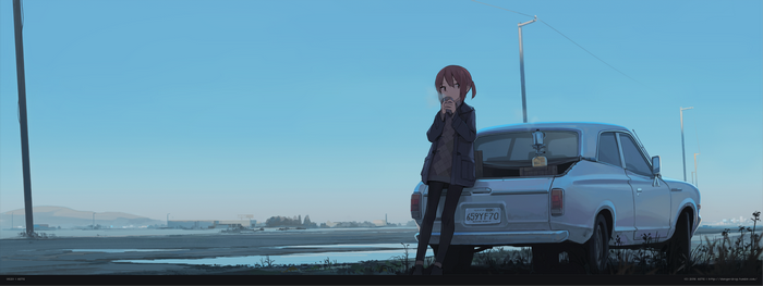 Anime girl with coffee by a car