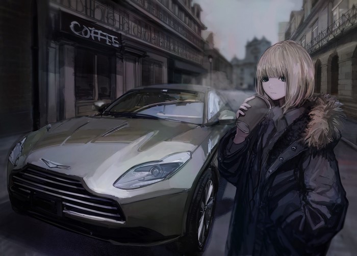 Anime girl with coffee next to a car
