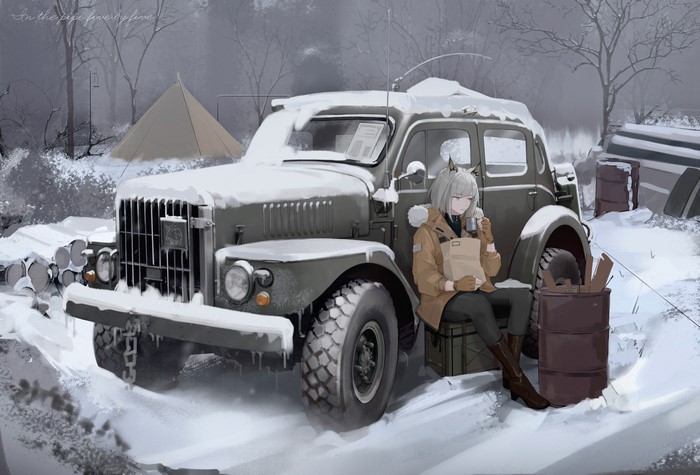 Anime girl with car in snowy forest