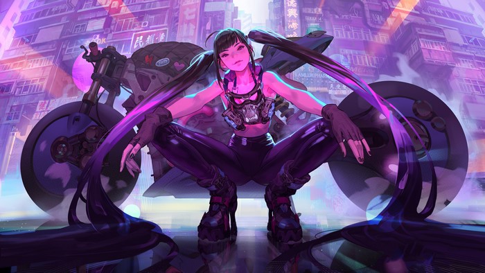 Cyberpunk girl with gas mask and motorcycle