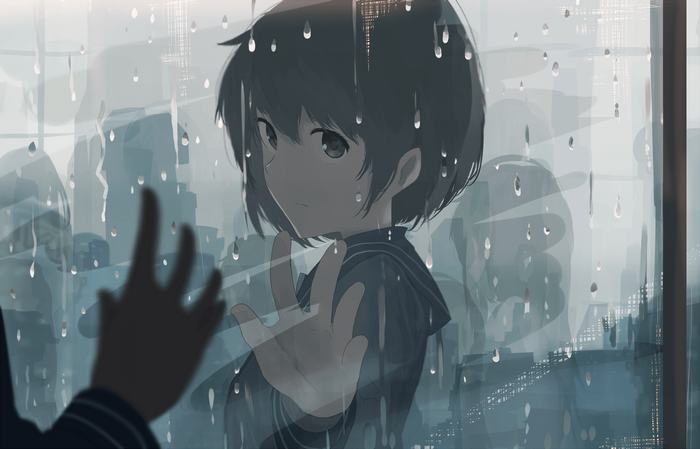 Anime girl looking through a rainy window
